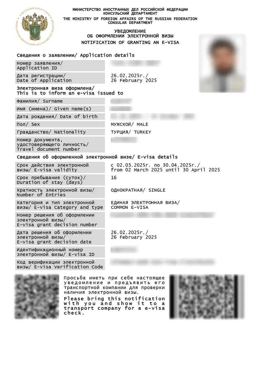 Sample Russia e-Visa grant notification